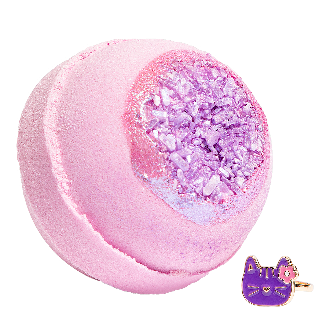 Nectar Life Cotton Candy Surprise Ring Bath Bomb, pink bath bomb with purple crystal center and hidden ring inside, Epsom salt and tapioca starch, handmade in Las Vegas, $13