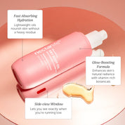 Strawberry Crème Dry Body Oil spray bottle next to fresh strawberries, showing lightweight oil texture with rosehip and jojoba, 3.4 fl oz