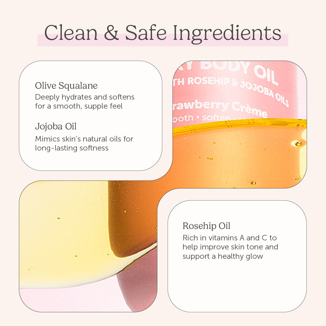 Nectar Life Dry Body Oil with olive squalane, jojoba oil, and rosehip oil ingredients shown, Strawberry Crème scent, glow-boosting dry body oil