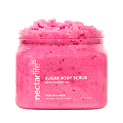 Nectar Life Exfoliating Body Scrub Jumbo 16oz, large clear glass jar, Fruit Smoothie scent, sugar scrub with shea butter and coconut oil, 16oz / 454g, handmade in Las Vegas