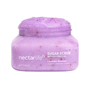 Nectar Life Exfoliating Sugar Body Scrub with Shea Butter and Coconut Oil, clear glass jar, Lemon Squeeze scent, yellow sugar scrub, 8oz, handmade in Las Vegas