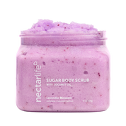 Nectar Life Exfoliating Body Scrub Jumbo 16oz, large clear glass jar, Lavender Blossom scent, sugar scrub with shea butter and coconut oil, 16oz / 454g, handmade in Las Vegas