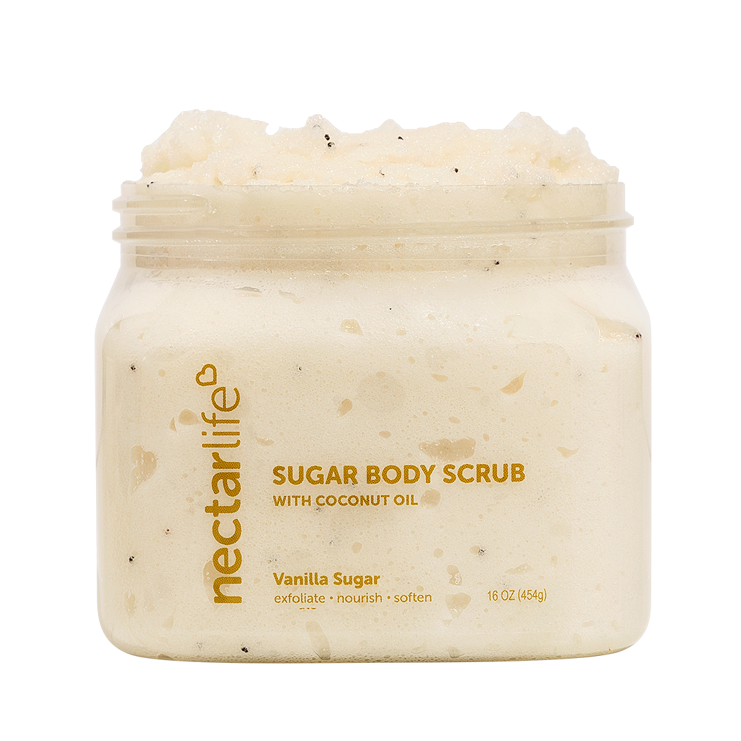 Nectar Life Exfoliating Body Scrub Jumbo 16oz, large clear glass jar, Vanilla Sugar scent, sugar scrub with shea butter and coconut oil, 16oz / 454g, handmade in Las Vegas
