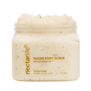 Nectar Life Exfoliating Body Scrub Jumbo 16oz, large clear glass jar, Vanilla Sugar scent, sugar scrub with shea butter and coconut oil, 16oz / 454g, handmade in Las Vegas