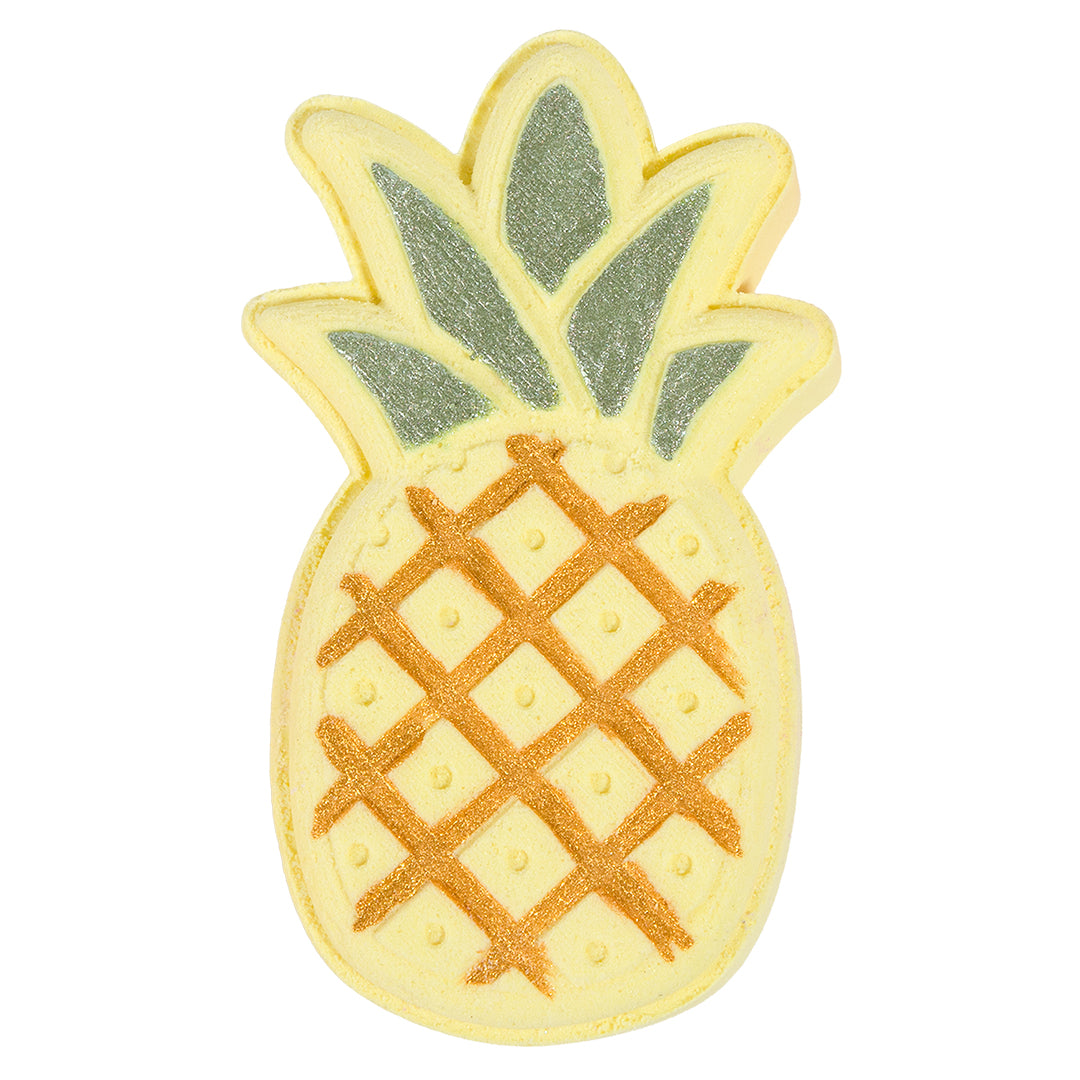 Nectar Life Pineapple Bath Bomb in Tropical Pineapple scent, shaped like a whole pineapple with glittery green crown and golden textured body, yellow handmade bath bomb