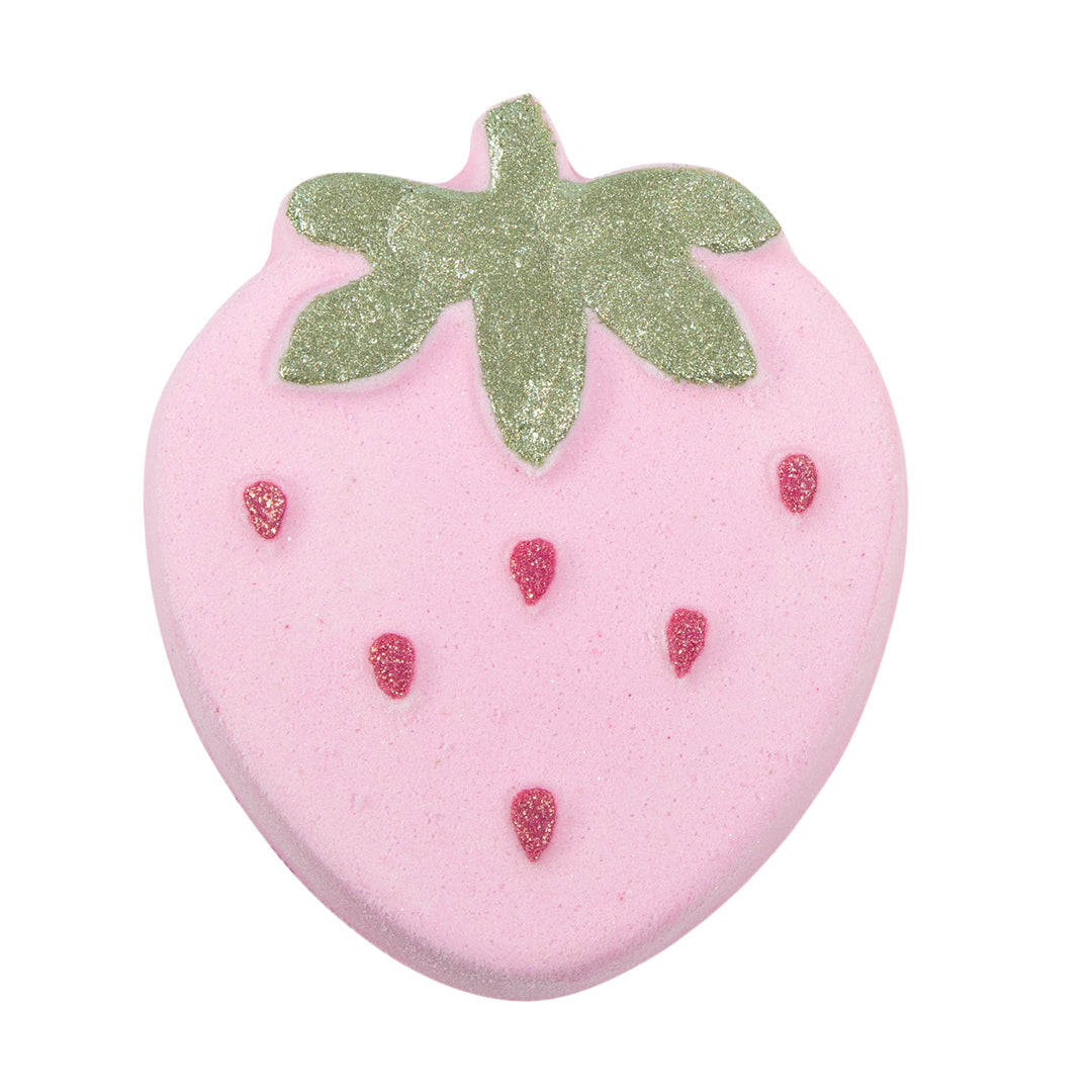 Nectar Life Strawberry Bath Bomb in Strawberry Bliss, shaped like a whole strawberry with a green leafy top, pink body with red strawberry seed detail, handmade bath bomb