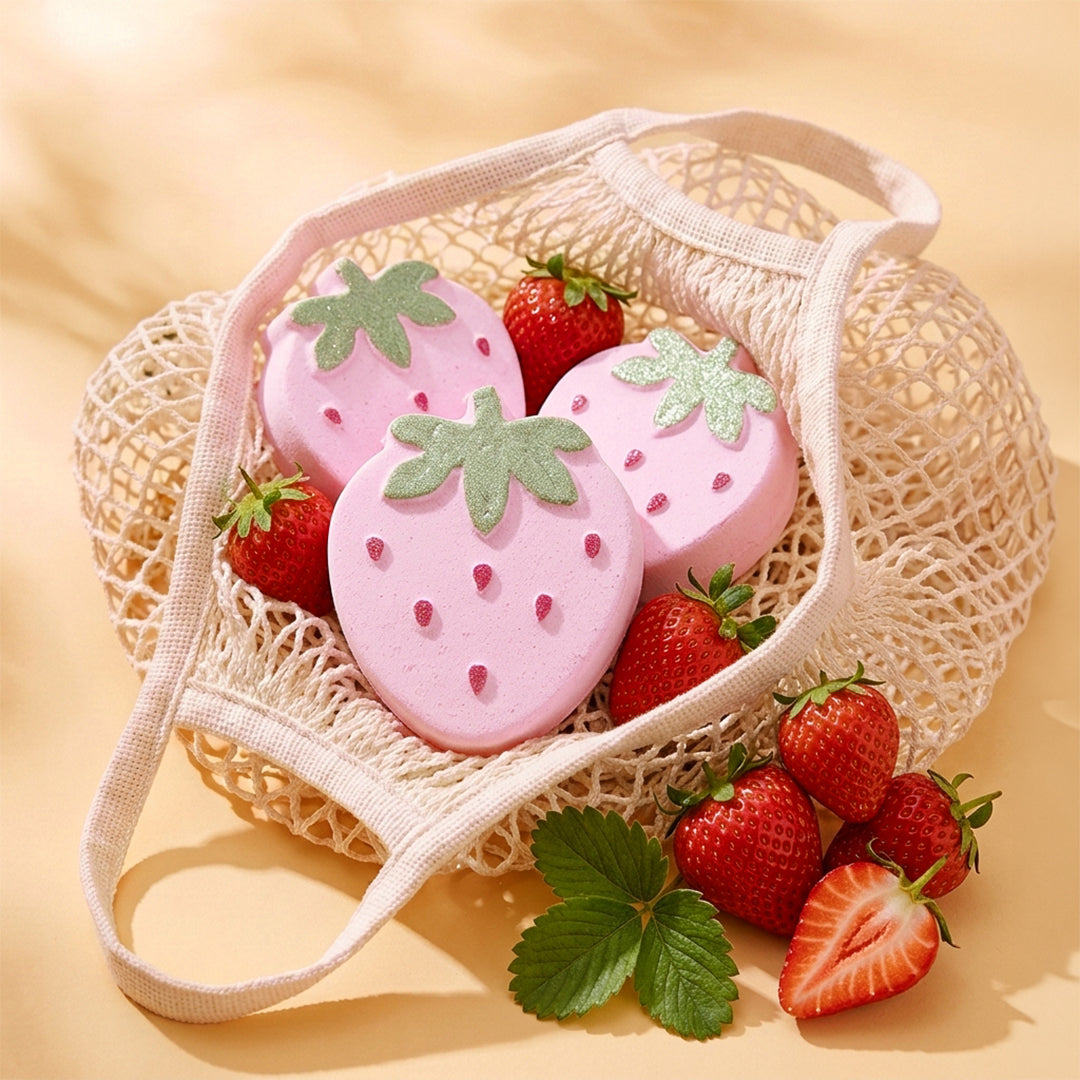 Three Nectar Life Strawberry Bliss Bath Bombs nestled in a cream mesh tote bag surrounded by fresh strawberries and green leaves on a warm golden background