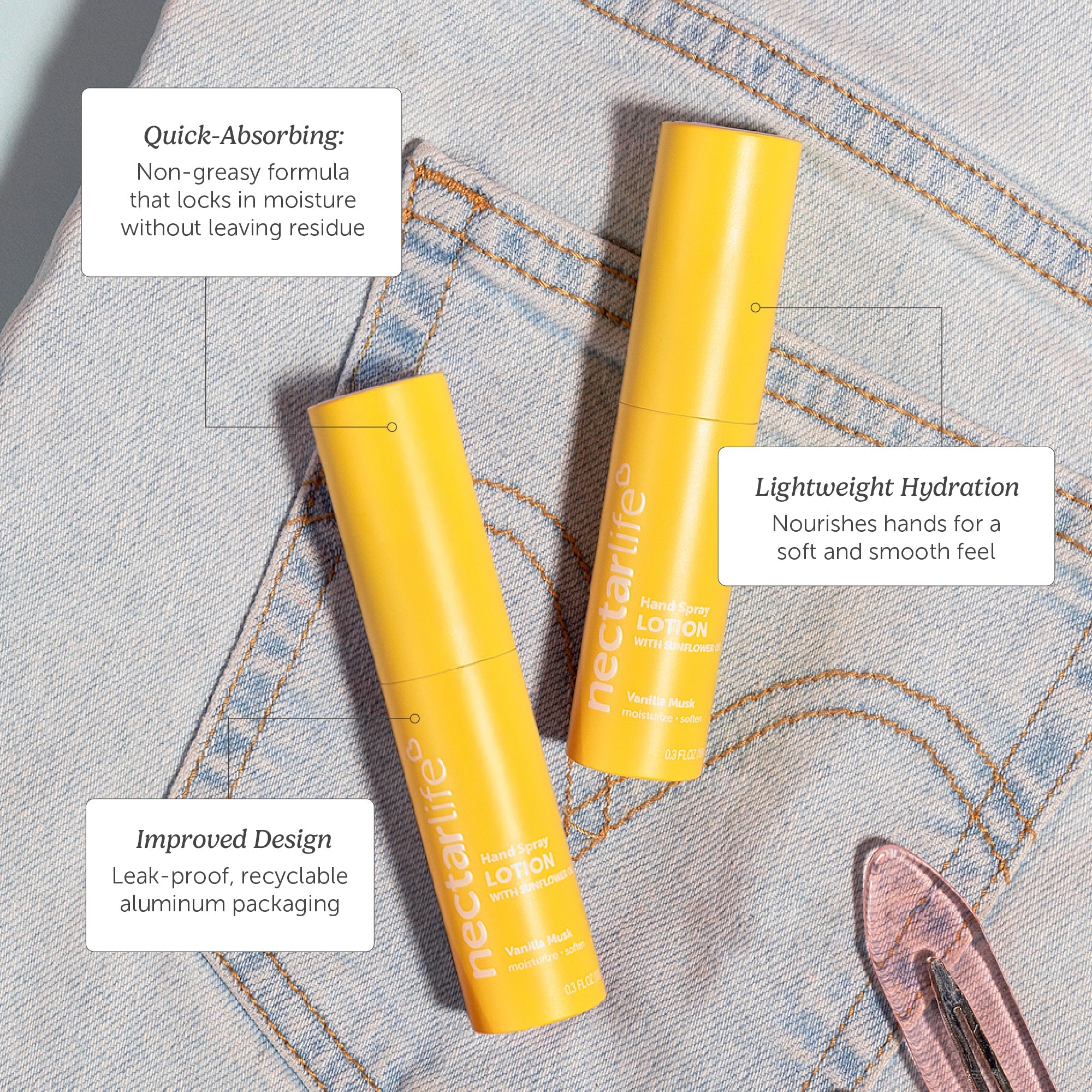 Nectar Life Hand Spray Lotion features, quick-absorbing non-greasy formula locks in moisture, lightweight hydration nourishes hands for soft smooth feel, leak-proof recyclable aluminum packaging, Vanilla Musk scent