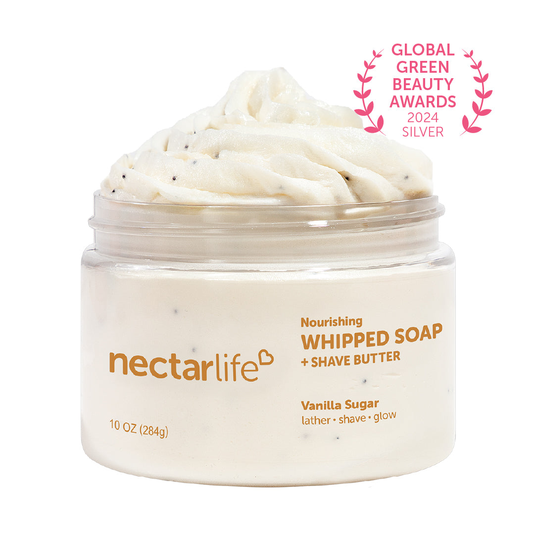 Nectar Life Nourishing Whipped Soap and Shave Butter 10oz, large clear glass jar, Vanilla Sugar scent, whipped soap with almond oil and glycerin, Global Green Beauty Awards 2024 winner, handmade in Las Vegas