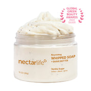 Nectar Life Nourishing Whipped Soap and Shave Butter 10oz, large clear glass jar, Vanilla Sugar scent, whipped soap with almond oil and glycerin, Global Green Beauty Awards 2024 winner, handmade in Las Vegas