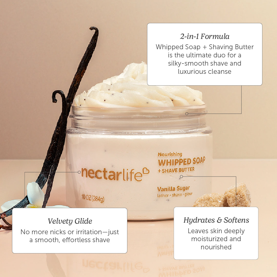 Nectar Life 10oz Nourishing Whipped Soap 2-in-1 formula, velvety glide for smooth irritation-free shave, hydrates and softens skin deeply, Vanilla Sugar scent styling