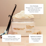 Nectar Life 10oz Nourishing Whipped Soap 2-in-1 formula, velvety glide for smooth irritation-free shave, hydrates and softens skin deeply, Vanilla Sugar scent styling