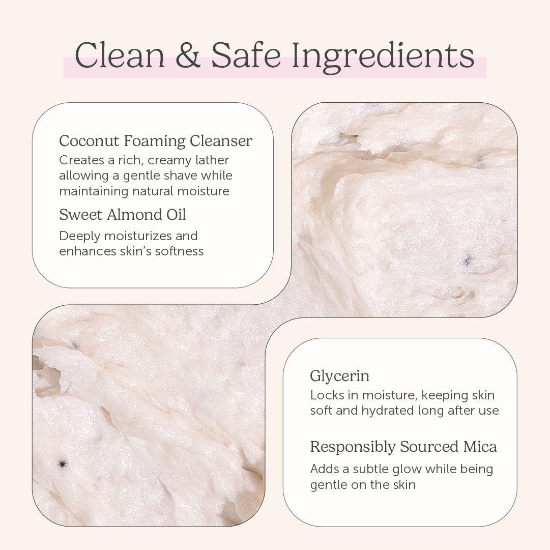 Clean and safe ingredients graphic for Nectar Life Whipped Soap featuring close up texture shots of cream whipped soap alongside callouts for Coconut Foaming Cleanser, Sweet Almond Oil, Glycerin, and Responsibly Sourced Mica