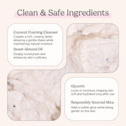 Clean and safe ingredients graphic for Nectar Life Whipped Soap featuring close up texture shots of cream whipped soap alongside callouts for Coconut Foaming Cleanser, Sweet Almond Oil, Glycerin, and Responsibly Sourced Mica