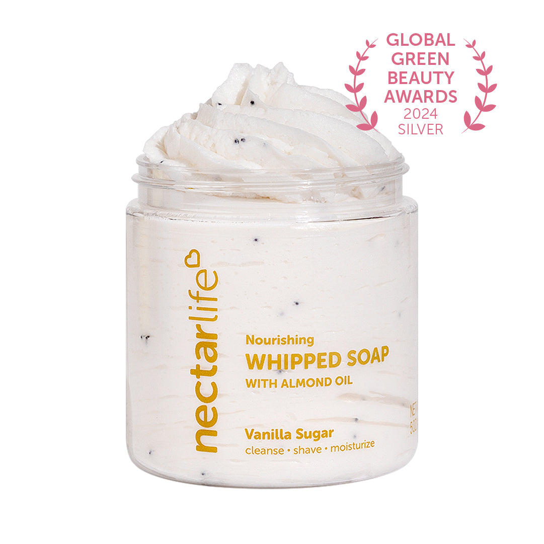 Nectar Life Nourishing Whipped Soap and Shave Butter in Vanilla Sugar, clear glass jar, cream whipped soap with almond oil, Global Green Beauty Awards 2024 Silver, handmade in Las Vegas