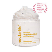 Nectar Life Nourishing Whipped Soap and Shave Butter in Vanilla Sugar, clear glass jar, cream whipped soap with almond oil, Global Green Beauty Awards 2024 Silver, handmade in Las Vegas