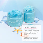 Nectar Life 10oz Nourishing Whipped Soap how to use, create creamy lather massage between wet hands or loofah, Ocean Breeze and other scents open jars with starfish styling, blue background