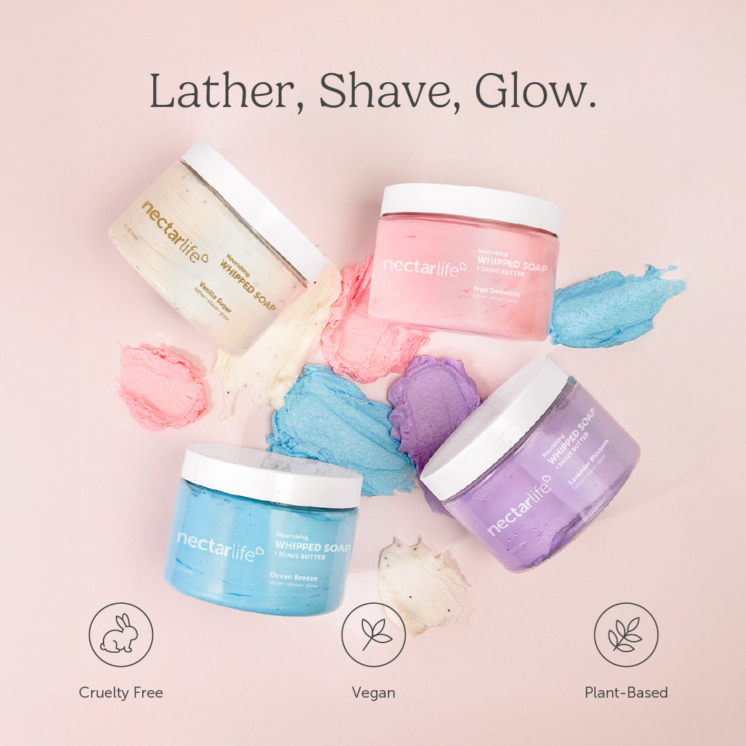 Nectar Life Nourishing Whipped Soap and Shave Butter 10oz all scents, Fruit Smoothie Lavender Blossom Ocean Breeze Vanilla Sugar, soap swatches spread, Global Green Beauty Awards 2024 winner, handmade in Las Vegas