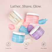 Nectar Life Nourishing Whipped Soap and Shave Butter 10oz all scents, Fruit Smoothie Lavender Blossom Ocean Breeze Vanilla Sugar, soap swatches spread, Global Green Beauty Awards 2024 winner, handmade in Las Vegas