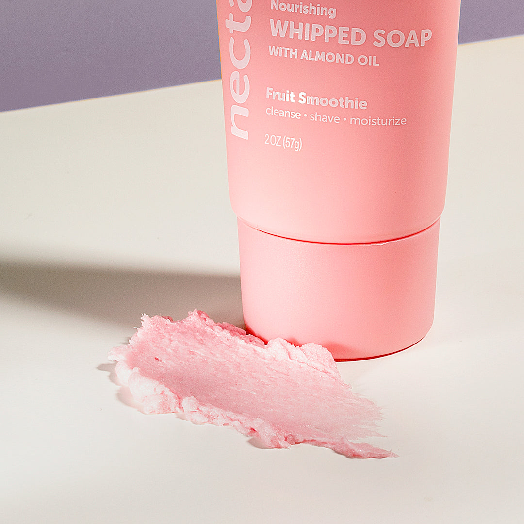 Fruit Smoothie Whipped Soap Travel Tube by Nectar Life with creamy pink soap swatch, 3-in-1 formula that cleanses shaves and moisturizes, 2oz