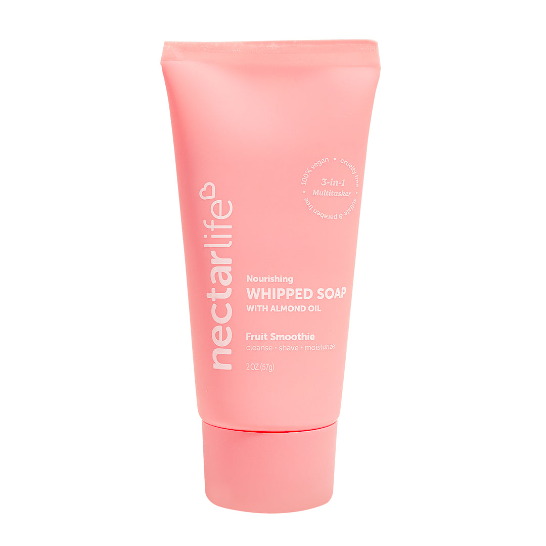 Fruit Smoothie Nourishing Whipped Soap Travel Tube by Nectar Life, pink 2oz squeeze tube with almond oil and glycerin, TSA-friendly, handmade in Las Vegas, $7