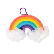 Nectar Life Large Rainbow Loofah Bath Sponge with two white mesh loofahs as clouds, rainbow-striped sponge body in red, orange, yellow, green, teal, blue, and purple, with purple hanging strap, on white background